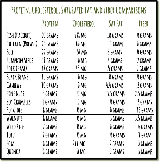 Mainly Vegan's comparison chart of protein, cholesterol, saturated fat and fiber found in plant-based foods versus animal products