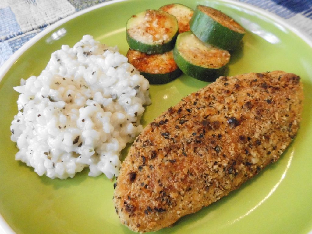 Mainly Vegan's Pine Nut Crusted "Chicken" with Lemon Herb Rice and Zucchini