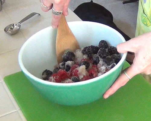 Combine all of the berries, granulated sugar and lemon juice in a large bowl.