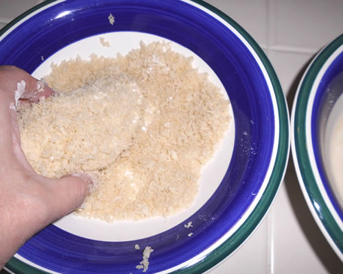 Place the flour, soy milk and bread crumbs into separate bowls; dredge the cutlets in each bowl in that same order.