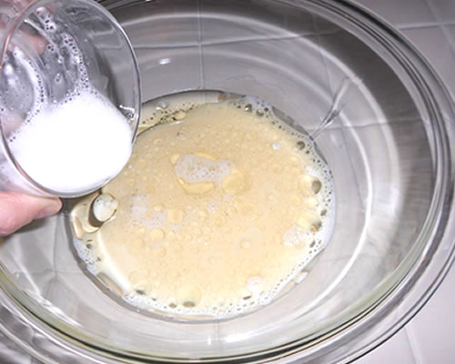 In a large bowl, combine the oil and milk with the egg replacer.