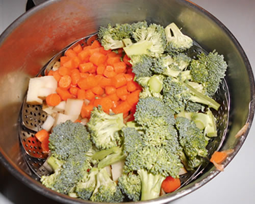 In a medium pan, steam the potatoes, carrots and broccoli for approximately 5 minutes.