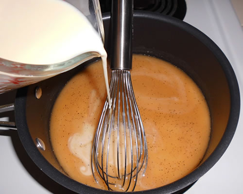 Gradually add the water, broth, and milk, blending with a whisk; bring the mixture to a boil, reduce the heat and simmer for 5 to 10 minutes or until thickened, stirring constantly.