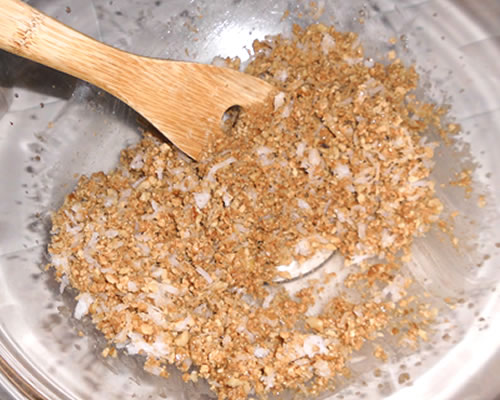 Add the egg replacer; stir in the vanilla, graham cracker crumbs, coconut and walnuts.