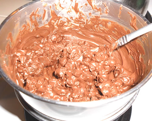 Melt the chocolate chips on top of a double boiler over simmering water, stirring occasionally; remove from the heat.