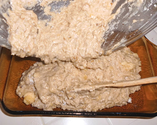 Pour the batter into a 9-inch loaf pan (greased); bake at 350 degrees for 50 to 60 minutes or until a toothpick comes out clean after inserting it into the middle of the bread loaf.