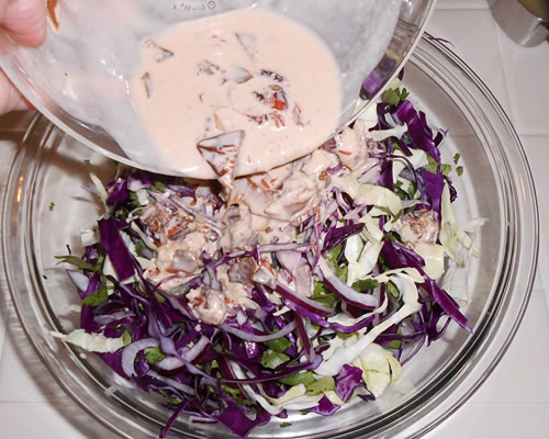 In a separate small bowl, combine the remainder of the ingredients for the dressing; add to the cabbage mixture and mix well.