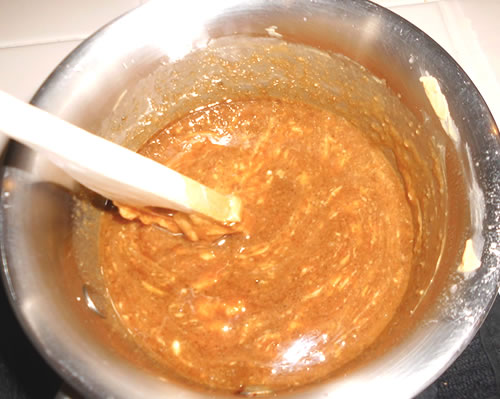 Melt the buttery spread in a pan; remove from the heat. Stir in the sugar, egg replacer, vanilla and peanut butter; mix well.