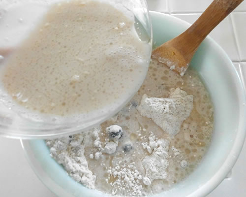 Add the milk mixture to the flour mixture and stir until just moistened. 
