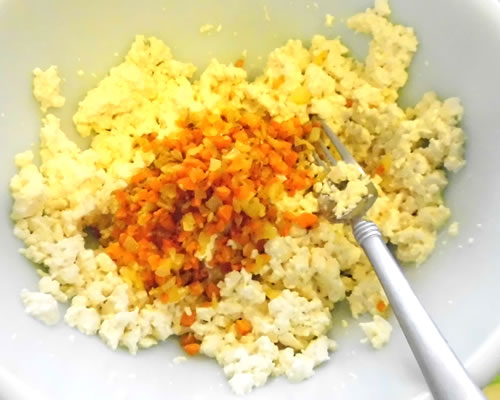 In a large bowl, crumble the tofu with a fork; add the remaining crab ball ingredients and refrigerate for at least one hour.