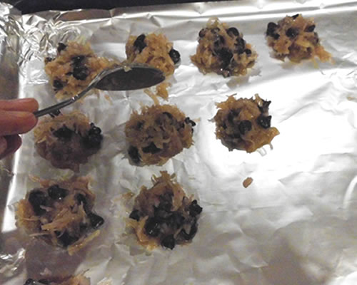 Using tablespoons, form 1 tablespoon of the mixture into rounds on baking sheets lined with foil or parchment foil; bake at 350 degrees for 20 minutes or until lightly browned.
