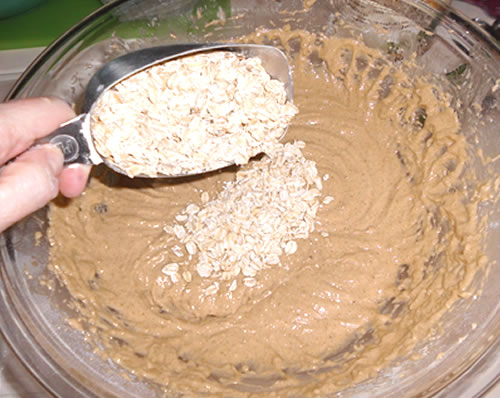Mix in the flour at a low speed; stir in the remaining ingredients.