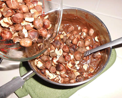 Mix the instant coffee and oil into the chocolate until smooth and glossy; stir in the nuts until well coated.