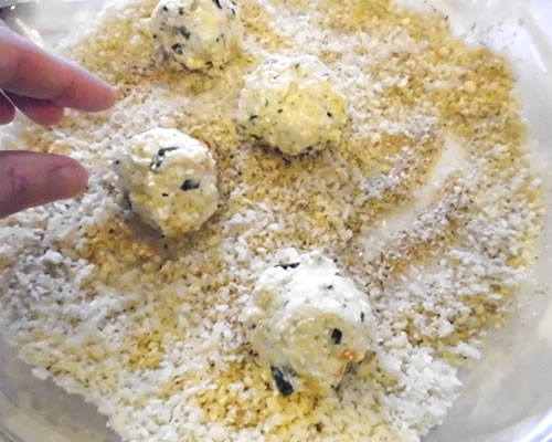 Form the tofu mixture into 1-1/2 inch balls; dip into the soy milk and roll in the bread crumb mixture; refrigerate on wax or parchment paper for at least another hour.